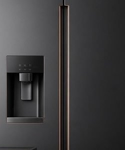 Réfrigérateur américain noir mat, liseré cuivre, distributeur d'eau